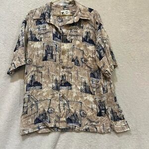 vintage M.E Sport travel postage stamp button down shirt size large